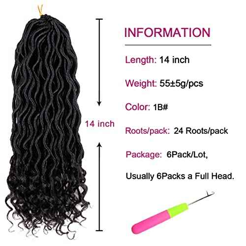 Goddess Locs Crochet Hair - 6 Packs 14 Inch Curly Faux Locs Crochet Hair For Black Women, Pre Looped Crochet Hair Wavy Faux Locs Synthetic Braids Hair Extensions(14Inch, 1B#)