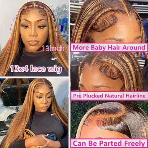 Cypha Ombre Lace Front Wig Human Hair Highlight 13x4 HD Straight Lace Front Wigs 180% Density 4/27 Colored Honey Blonde HD Lace Frontal Wigs For Women Glueless Pre Plucked with Baby Hair 24inch