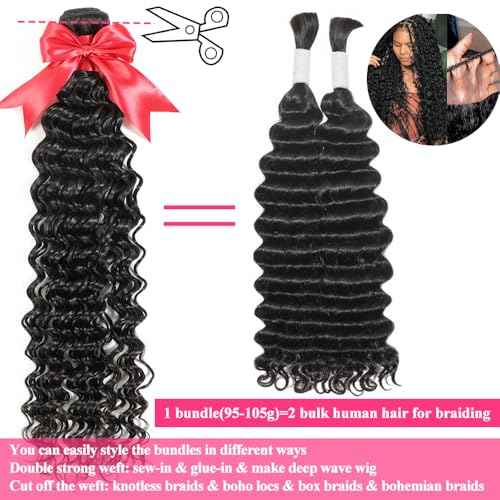12A Deep Wave Single Bundles Human Hair 28 Inch Brazilian Curly 1 Bundles Human Hair 100% Unprocessed Virgin Wet and Wavy Hair Weave 1B Black