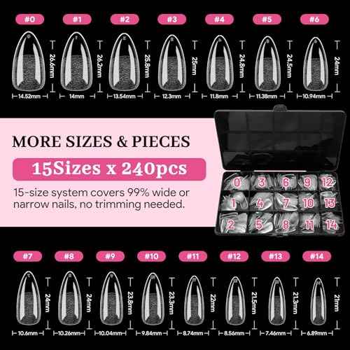 Medium Almond Pre-Building Nail Tips, 15 Sizes 240 PCS Pre-shaped Apex Clear Soft Press On Fake Nail Half Matte Gel Nail Extensions Strong Thick Acrylic Tip for DIY Beginners & Salon Manicure
