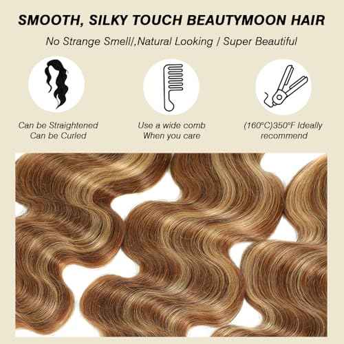 Ombre Human Hair Bundles Honey Blonde Body Wave 3 Bundles 20 22 24 Inch 100% Brazilian Virgin Hair 4/27 Highlight Body Wave Bundle Soft and Healthy Sew In Hair Extensions Real Human Hair for Women