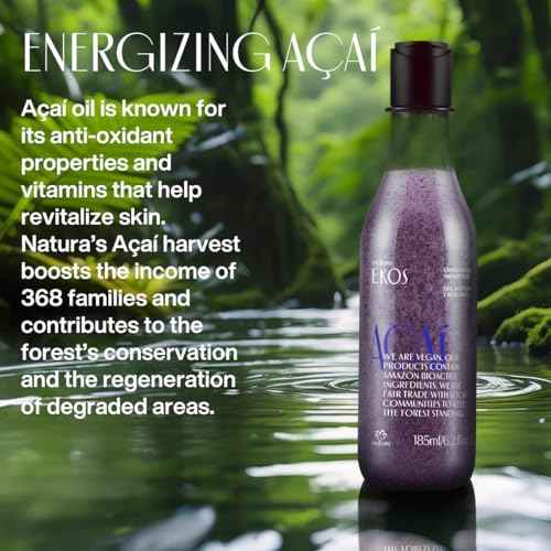 natura - Ekos A?a? Revitalizing Exfoliating Shower Gel - Natural Exfoliants - Removes Impurities - Body Wash - Vegan Skin Care - Brazilian Beauty Secrets - Self Care & Body Care - 6.2 fl oz (185ml)