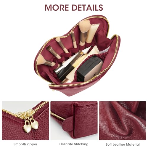 Kattee Leather Makeup Bag, Travel Large capacity Comestic Bag for Women, Heart Shaped Portable Organizer Toiletry Bag for Working,Wine Red