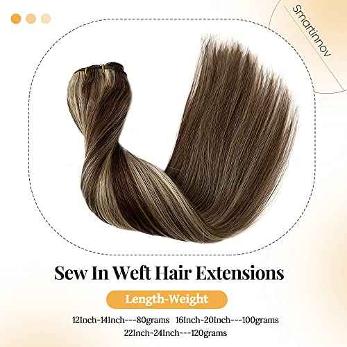 Sew in Weft Hair Extensions Blonde Highlight Human Hair Hand Tied Weft Hair Extensions 20 Inch 100Grams #4/613 Brown Balayage Blonde Double Weft Full Ends Sew in Bundles Hand Tied Weft Hair Extensions