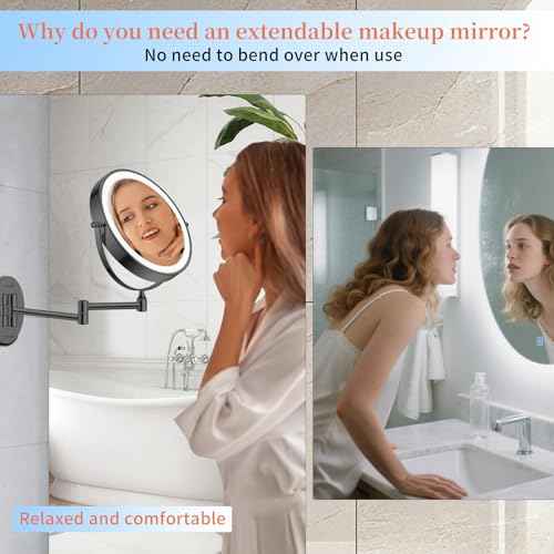FUNTOUCH 9" 1X/30X Wall Mounted Lighted Makeup Mirror, 4500mAh Rechargeable Double Sided Magnifying Mirror with Light, 3 Color Lights,Touch Dimmable, 360 Rotation Extended Arm for Bathroom,Black
