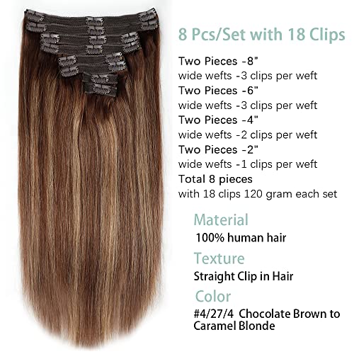 Clip in Hair Extensions for Women Brazilian Virgin Human Hair Extension Straight 8Pcs Remy Hair Extensions Clip in Human Hair with 18Clips Double Lace Weft 120Gram (16inch, #4/27/4)
