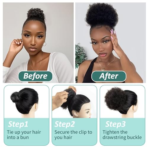 Afro Puff Clip On Human hair Drawstring Ponytail for Black Women,Ponytail Extension 8 Inch #1B Natural Black 60g Short Afro Kinkys Curly Afro Bun Extension Hairpiece