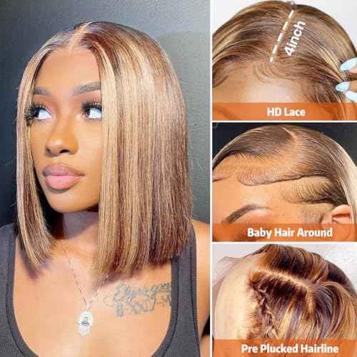 Bob Wig Human Hair 13x4 HD Lace Frontal Short Straight Lace Front Bob Wigs for Black Women Human Hair Pre Plucked Glueless Side Part 180% Density Ombre Highlight 4/27 12 Inch