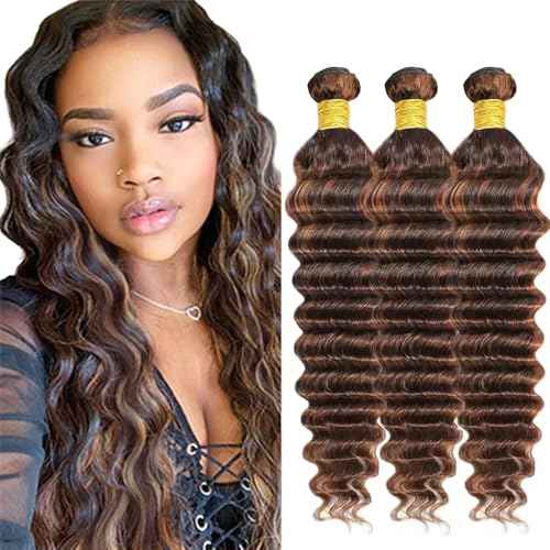 P430 Highlight Brown Bundles Human Hair Dark Brown Deep Wave 3 Bundles 30 30 30 Inch Unprocessed Brazilian Virgin Remy Hair Chocolate Brown Human Hair Extensions