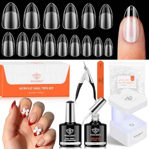 modelones Gel Nail Kit, Upgrade 15Sizes Pre-shaped Gel Nail Tips Short Almond Shape, 9-in-One Glue Prep Dehydrator & Portable Led Lamp, 510Pcs Press On Extension Kit Gift for Women