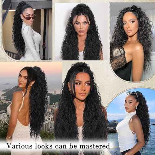 Ponytail Extension, Claw Clip Ponytail Extension Long Black Curly Clip in Pony Tails Hair Extensions 30 Inch Synthetic Layered Fluffy Hairpieces for Women