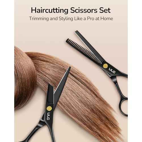 ULG Professional Hair Cutting Scissors Set ? 6.5¡± Japanese Stainless Steel Barber Shears & Thinning Scissors with Comb, Clips & Case ? at-Home Salon Haircut Kit for Men, Women, Kids, Black
