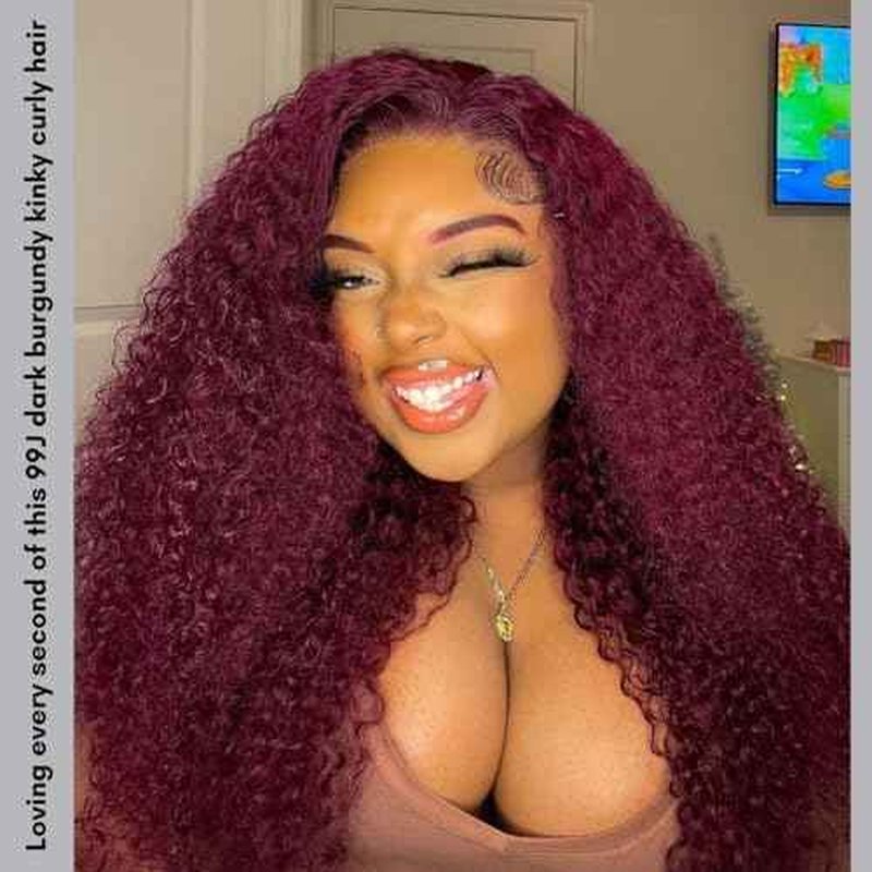 #99J Dark Burgundy Kinky Curly Human Hair Bundles with 2x6 Closure, 12A Remy Soft and Thick 3 Bundles with 2x6 HD Transparent Lace Closure Deep Part Colored Curly Wave Sew In 10 12 14+10 In