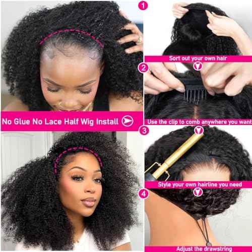 Glueless Half Wigs Human Hair Kinky-Curly Headband Wig Upgrade 3 In 1 Half Wig with Drawstring Seamless Clip Ins Flip Over 200 Density Curly Human Hair Wig For Black Women 16 Inch