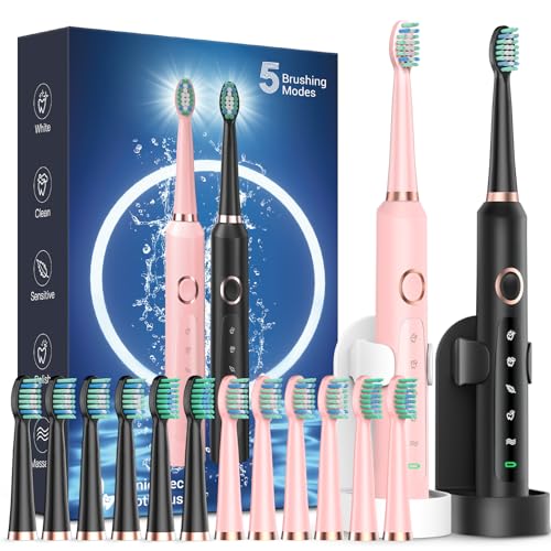 Rtauys 2 Pack Electric Toothbrush for Adults - 2 Rechargeable Electric Toothbrushes with 12 Brush Heads & 2 Travel Case, Power Electric Toothbrush with Holder, 3 Hrs Charge for 120 Days - Black+Pink