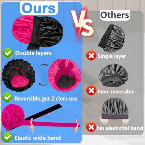 Atgdluk¢ç Reversible Silk Bonnet for Sleeping Women - Double Layer & Color Satin Bonnet, Adjustable Hair Cap for Curly & Textured Hair (Rose Red & Black)