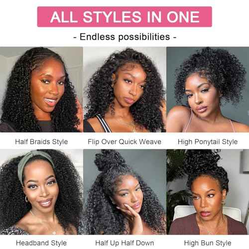 Curly Half Wig Human Hair Wear and Go Glueless Wigs Human Hair 200% Density Kinky Curly 3 In 1 Half Wigs for Women Drawstring Seamless Flip Headband Wig Beginner Friendly 22 Inch