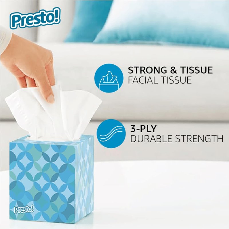 Amazon Brand - Presto! Ultra-Soft 3-Ply Premium Facial Tissues, 264 Count (4 Cube Boxes of 66), Packaging May Vary