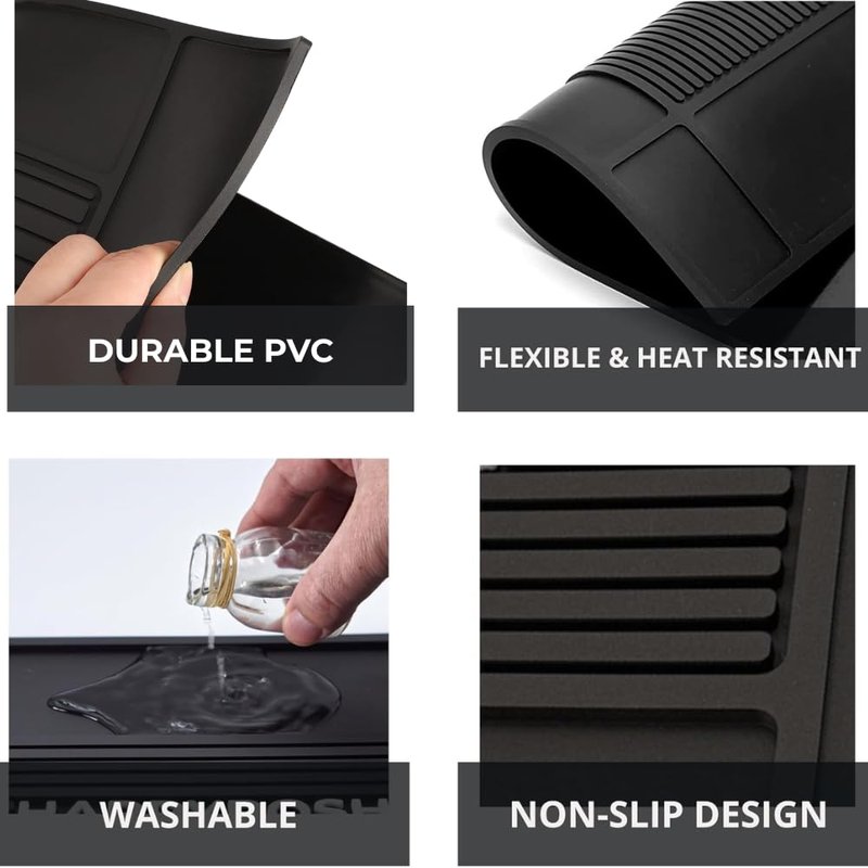 HAPPYPOSH Modular Magnetic Barber Mat Set 4PCS with 5 Strong Magnets, Extra Large Barber Station Mat, Full Workstation Setup for Clippers & Tools, Non-Slip Rubber Organizer for Professional Barbers
