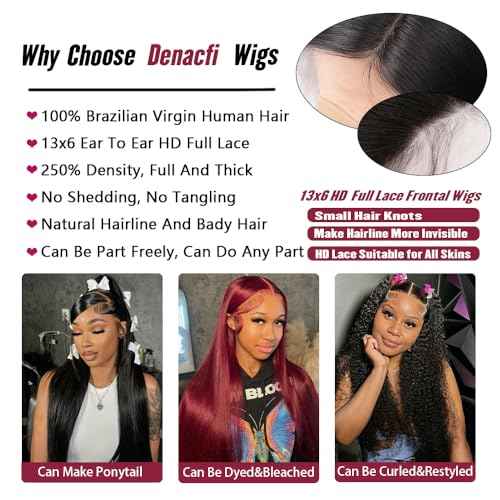 250 Density Straight Lace Front Wigs Human Hair 13x6 Full Lace Frontal Wigs 12A Brazilian Virgin Human Hair Wigs Extra Deep Parting Full Large Lace Wigs for Black Women #1B 18Inch