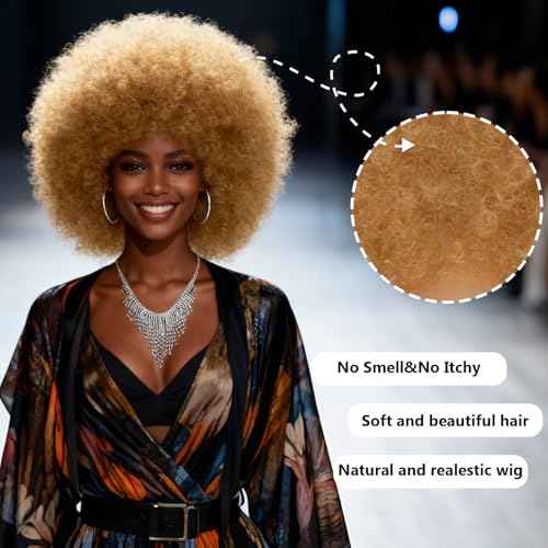 70s Afro Wig for Black Women Blonde Afro Kinky Curly Wig With Bangs Bouncy and Fluffy Heat Synthetic Short Afro Puff Wigs for Daily Party Costume Cosplay Halloween£¨Blonde,10inch£©