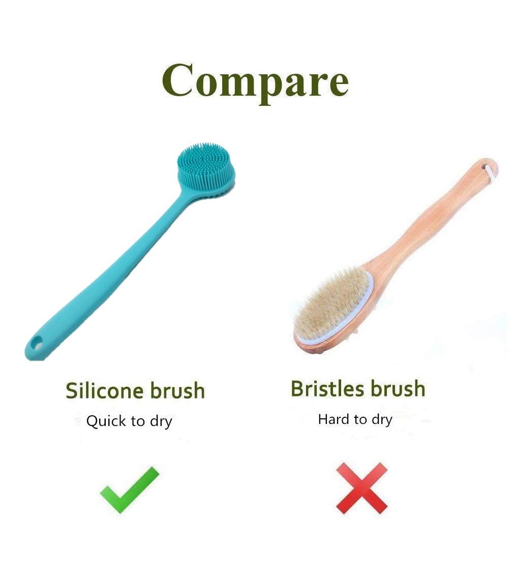 Long Handle Silicone Body Scrubber for Shower, Dual-Sided Back Scrubber Brush with Soft Bristles&Massage Nodes, Exfoliating Bath Brush for Hard to Reach Areas, Easy to Clean & Quick Dry, for Daily Use