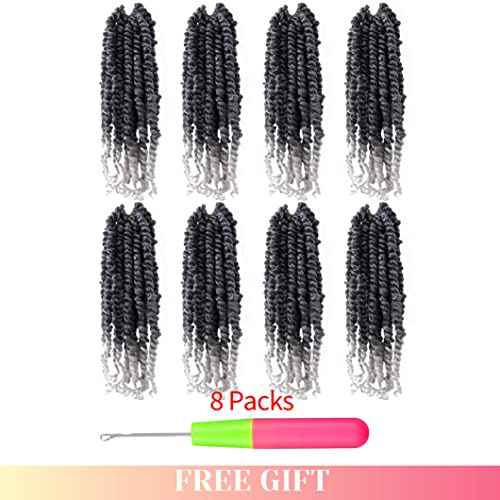 BOHOBABE Pre-twisted Passion Twist Crochet Hair 6 Inch Short Ombre Gray Pre-looped Crochet Passion Twist Braiding Hair 8 Packs (T1B/grey)