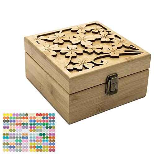 Pure Vie Bamboo Essential Oil Storage Box Travel Organizer Case with Bottle Cap Label - Aromatherapy Nail Polish Fragrance Container, Holds 25 Bottle for 5-15ml - Keep Scented Oil Safe & Space Saver