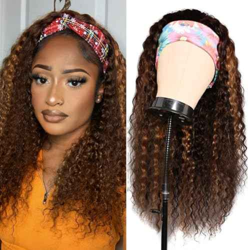 Ombre Deep Wave Headband Wig Human Hair #4/27 Curly Headband Wigs for Black Women Human Hair Glueless None Lace Front Wigs Brazilian Virgin Hair Wig Machine Made 150% Density 18 Inch