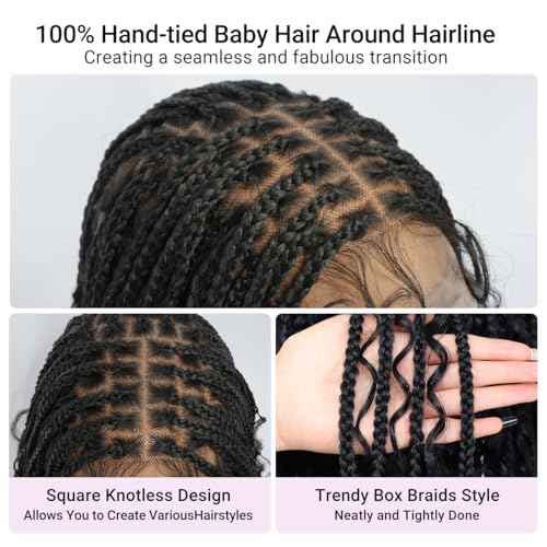 SUPERNOVA Knotless Boho Box Braided Wigs For Black Women 36inch Square Knotless Full Lace Box Braid Wig Goddess Braided Wig With Baby Hair Bohemian Curly Ends Synthetic Boho Braids Wig (36 Inch)