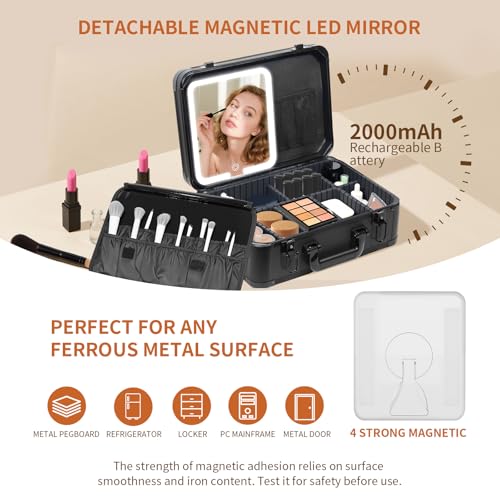 15"x11" Makeup Case with Lighted Mirror & Brush Holder - Waterproof Travel Organizer, Customizable Storage, Rechargeable LED Vanity for Women (black)