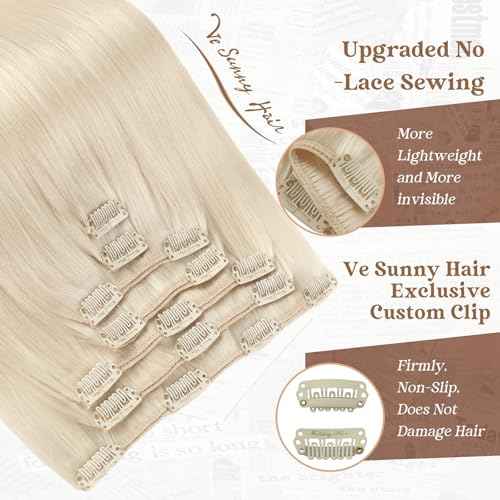 Ve Sunny Blonde Clip in Hair Extensions Human Hair Clip in Extensions Platinum Blonde Real Human Hair Extensions Clip ins Long Straight Hair Easy to Wear 7pcs 120g 20inch
