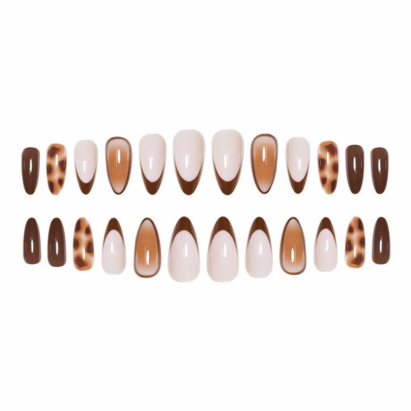 Almond Press on Nails Short Fall Fake Nails with Designs Press on Almond Nails Glossy French Tip Gel False Nails Kits Brown Acrylic Full Cover Stick on Nail for Women 24PCS