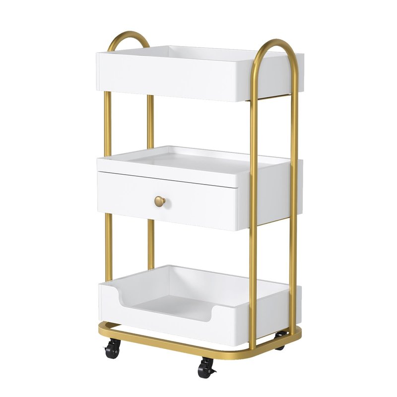 OmySalon Salon Trolley Cart, Hair Styling Station with 3 Trays & 1 Drawer, 2 Lockable Wheels, Esthetician Cart Mobile Storage Cabinet for Beauty Spa Barbershop, White