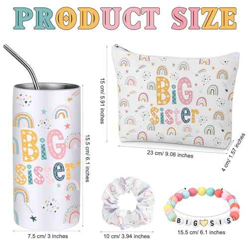 Sieral 4 Pcs Big Sister Gifts for Girls Cute Big Sister Makeup Bag 14oz Stainless Steel Tumbler Scrunchies Bracelet for Little Girls of Age 2-8 New Baby Birthday Baby Shower (Rainbow, Multicolor)