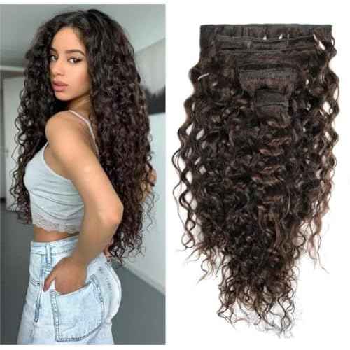 Clip in Hair Extensions Real Human Hair 24 Inch Remy Human Hair Extensions for Women Double Weft Seamless Clip ins Brazilian Deep Wave Curly Human 8Pcs 120g 20 Clips Dark Brown