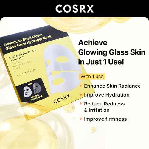 COSRX Advanced Snail Mucin Glass Glow Hydrogel Face Masks Skincare 3 EA, Collagen Face Mask, Travel Essentials, Overnight Face Mask, Korean Skin Care, Stocking Stuffers for Women