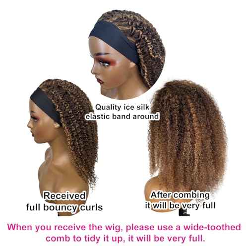 Ombre Highlight Headband Wig Human Hair #4/27 Colored Kinky Curly Headband Wig for Black Women Glueless None Lace Front Human Hair Wigs Brazilian Virgin Hair Wear and Go Wigs 150% Density 20 Inch