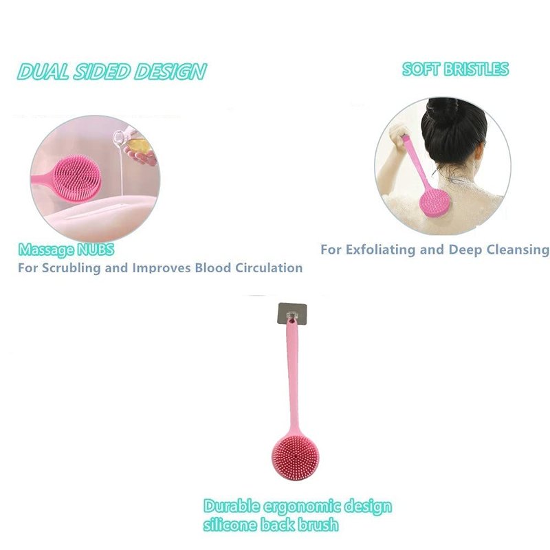 Long Handle Silicone Body Scrubber for Shower, Dual-Sided Back Scrubber Brush with Soft Bristles&Massage Nodes, Exfoliating Bath Brush for Hard to Reach Areas, Easy to Clean & Quick Dry, for Daily Use