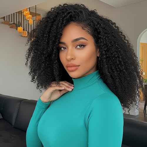 Kinky Curly Half Wig Human Hair 200 Density Glueless Wigs Human Hair 20 Inch Curly 3 In 1 Half Wigs Invisible Hairline Curly Half Wigs Drawstring Seamless Flip over Easy Wear Beginner Friendly