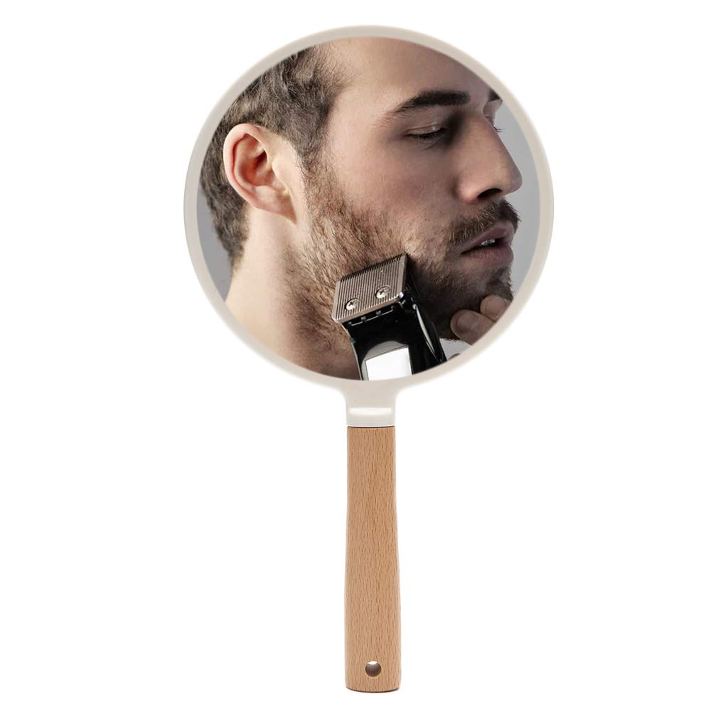 YEAKE Hand Held Mirror with Handle for Makeup,Small Cute Wood Hand Mirror for Shaving with Hole Hanging Single-Sided Portable Travel Vanity Mirror for Men&Women(Round)