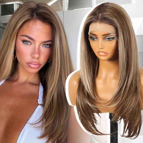 Brown Highlight Synthetic Lace Front Wig, 13X6 HD Long Straight Layered Glueless Wigs for Women Daily Use 26IN £¨TT6/116 £©