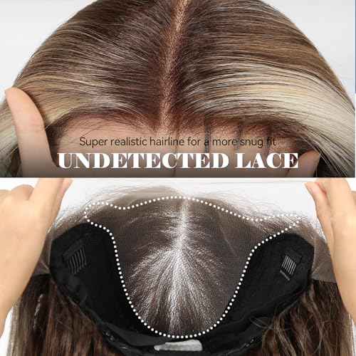 HAIRCUBE 13x6 HD Lace Front Wig Synthetic 22 Inch Brown Highlight Long Wave Layered Glueless Wig for Women, Natural Look Daily Wear