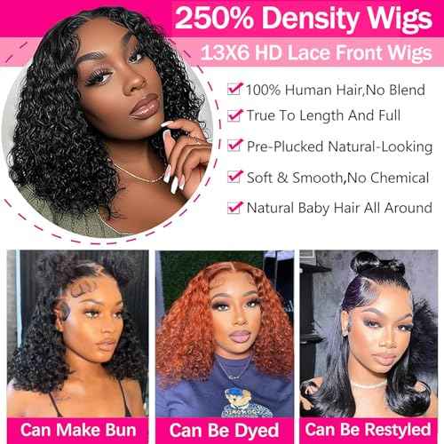 Bob Wig Human Hair 13x6 Deep Wave HD Lace Front Wigs Human Hair 250% Density Bob Curly Lace Frontal Wigs Brazilian Virgin Human Hair Wigs Pre Plucked with Baby Hair (Natural Color,8Inch)