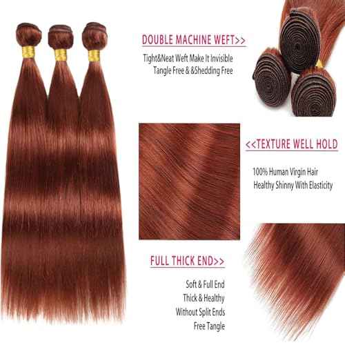 BilltiiWW Copper Red Straight Bundles Color 33 Straight Bundles 8a Grade Brazilian Weave Extensions Wet and Wavy Soft Silky for Black Women 30 32 34 Inch