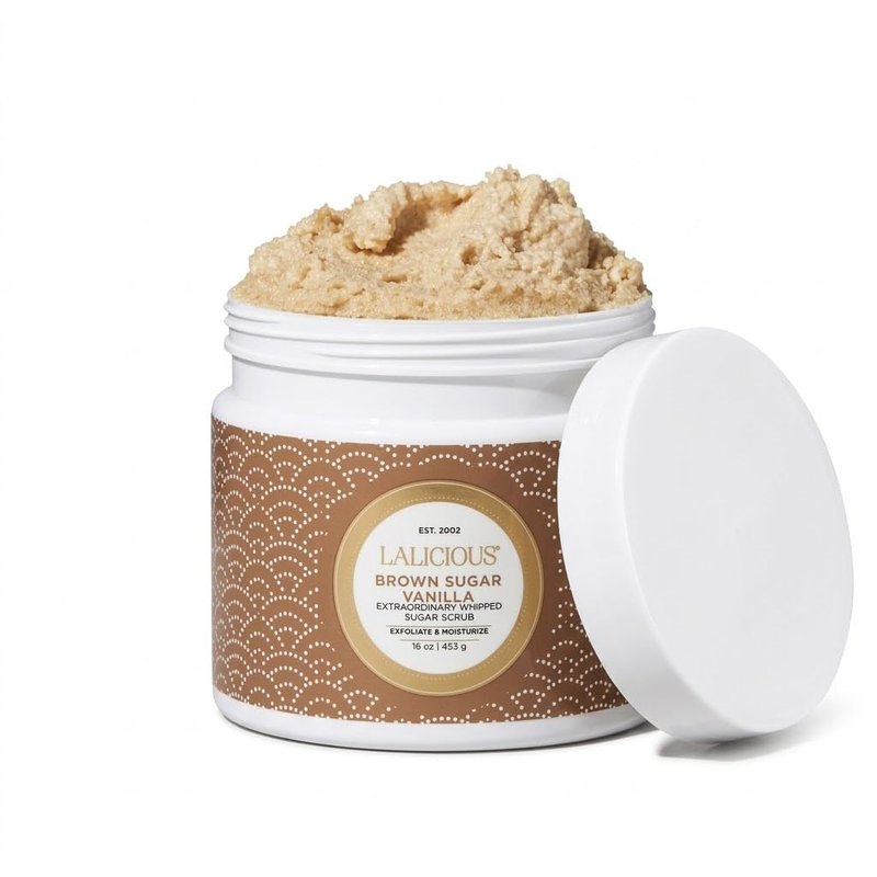 LALICIOUS Brown Sugar Vanilla Exfoliating & Moisturizing Body Scrub | Coconut Oil | Pre-Shave Scrub for Ingrown Hairs & Razor Bumps | Gently Buffs & Smooths Sensitive Skin | No Parabens Large 16oz