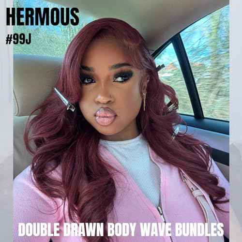 13A Double Drawn 99J Dark Burgundy 3 Bundles Body Wave Human Hair, Double Lifespan Than Regular Hair, Keep Silky And Soft After Washes Colored #99J Wine Cheery Red Bundles Raw Hair 12 14 16 IN