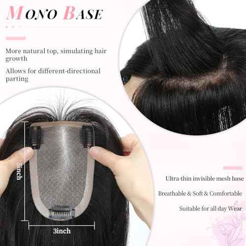 Fine Plus 10Inch Hair Toppers for Women Real Human Hair ? Mono Base 3"x5", Natural Black Virgin Quality, for Thinning Crown & Wide Parting, Lightweight & Breathable, Add Volume Can Be Curled