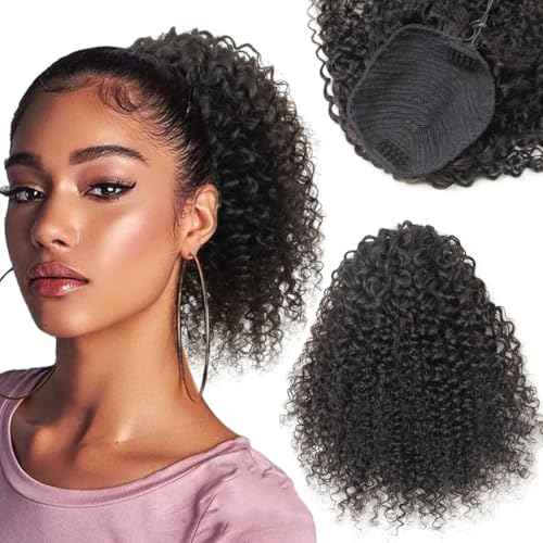 isheeny Natural Black Drawstring Ponytail 100% Human Hair Extension for Black Women 18Inch Voluminous Curly Style