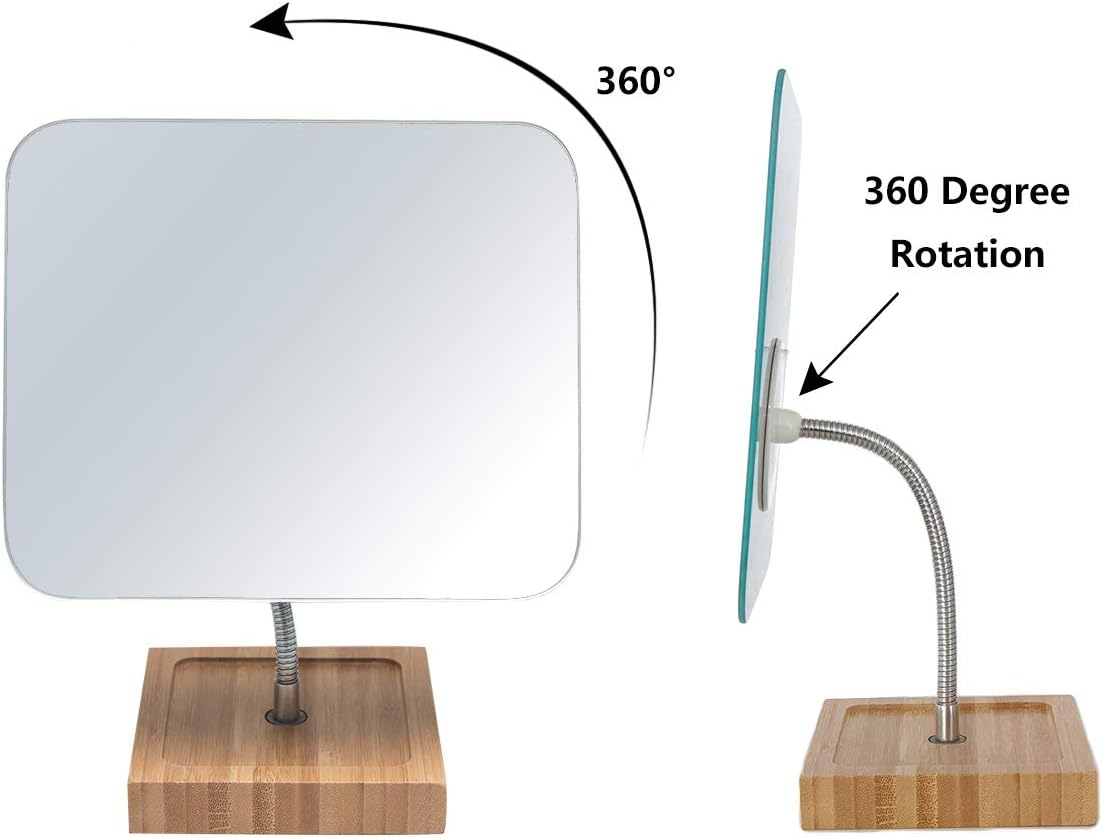 YEAKE 8" Large Flexible Gooseneck Bamboo Vanity Makeup Mirror - 360° Rotation, Portable Folding Design